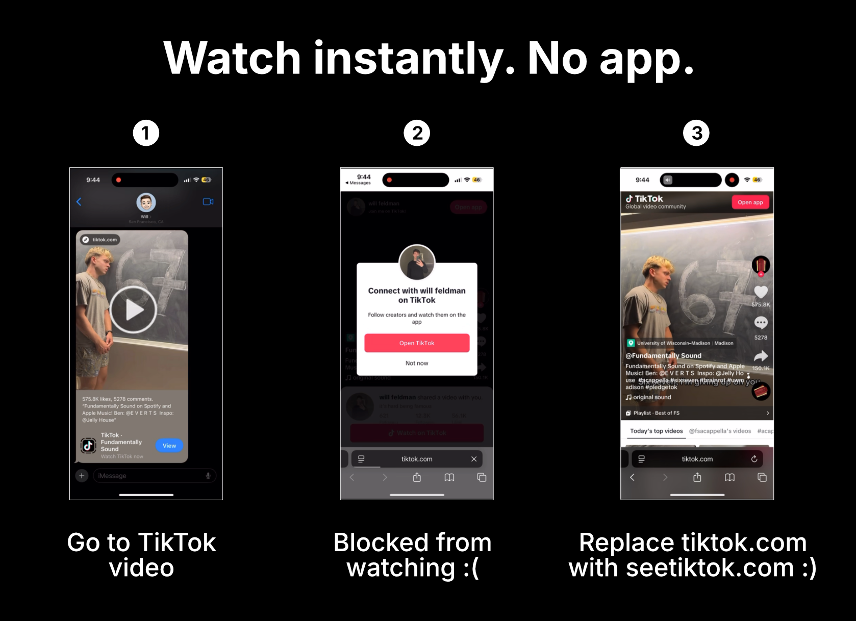  1) Go to TikTok video, 2) Blocked from watching, 3) Replace tiktok.com with seetiktok.com